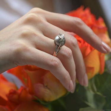 Tahiti biser prsten sa brilijantima u pink i belom zlatu